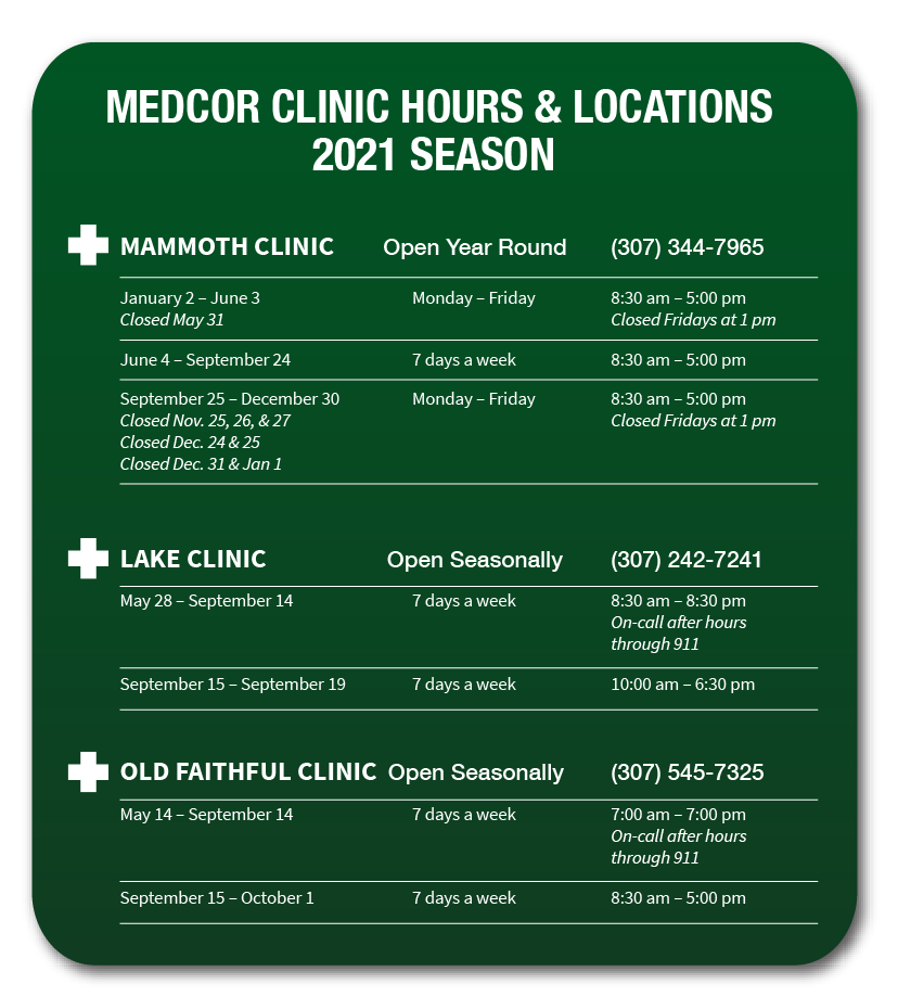 Medcor Clinic Hours & Locations 2021 Season